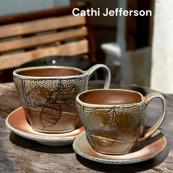 Salt Fired Cup and Saucer Latte Set by Cathi Jefferson