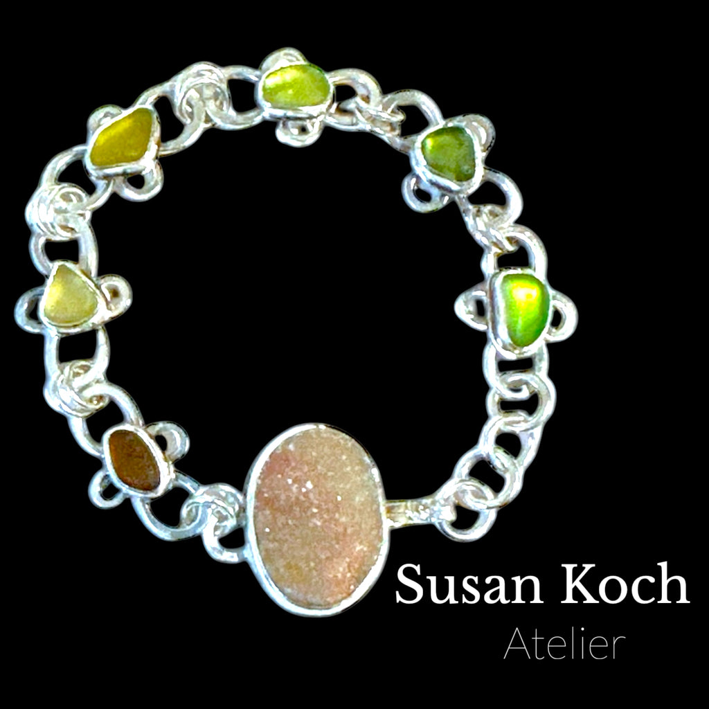 Beach Glass, Silver and Stone Bracelet by Sue Koch